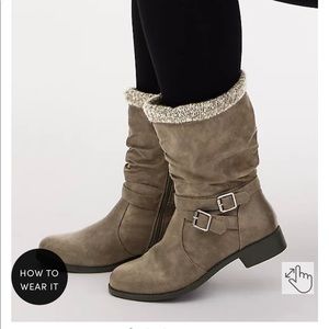 Grey Faux leather boots with sweater trim